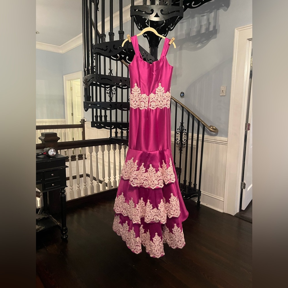 Val Stefani Fuchsia Satin Prom Dress with Ivory Lace Appliqué